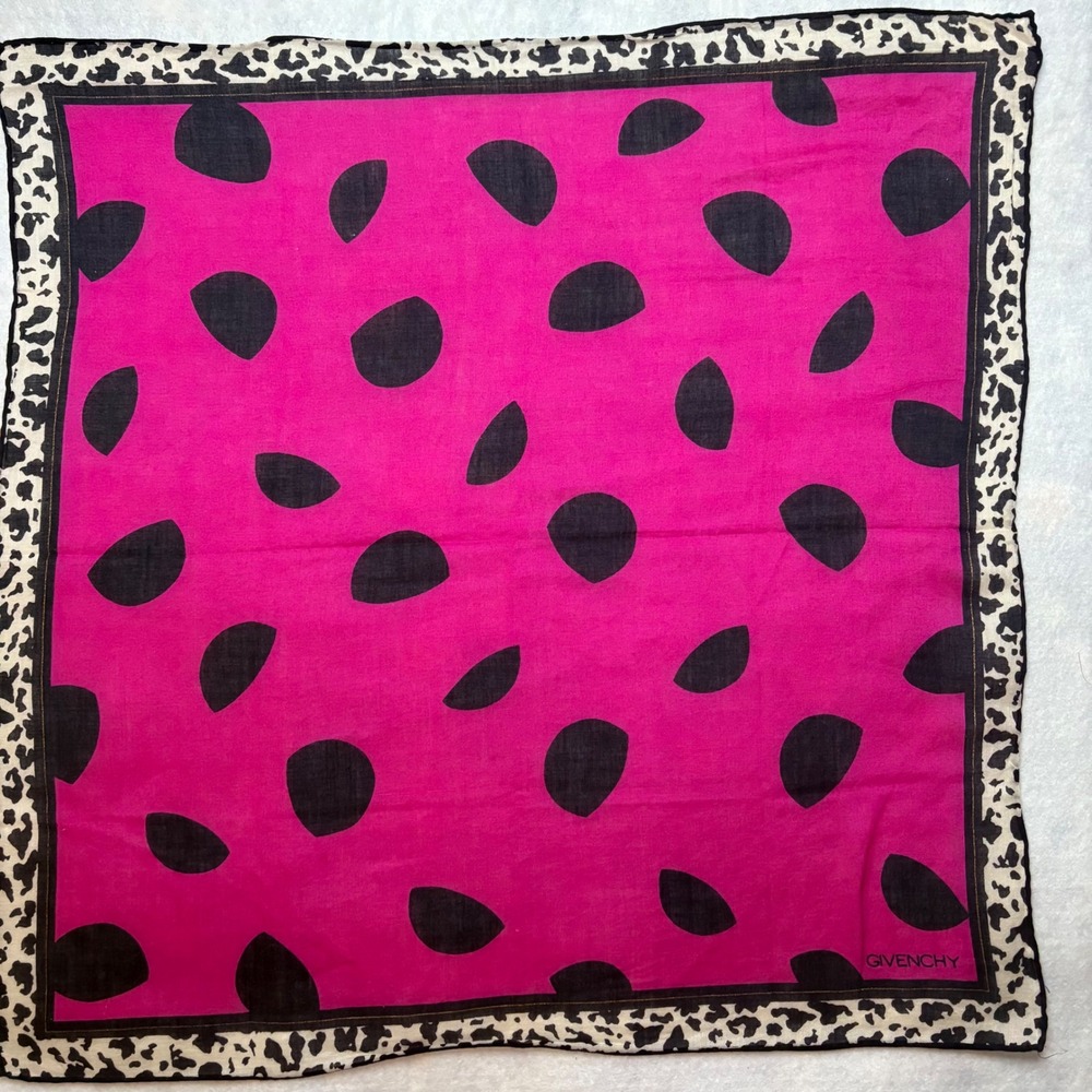 VTG GIVENCHY Scarf Handkerchief Polka Dot Leopard Cotton Pink 18x18